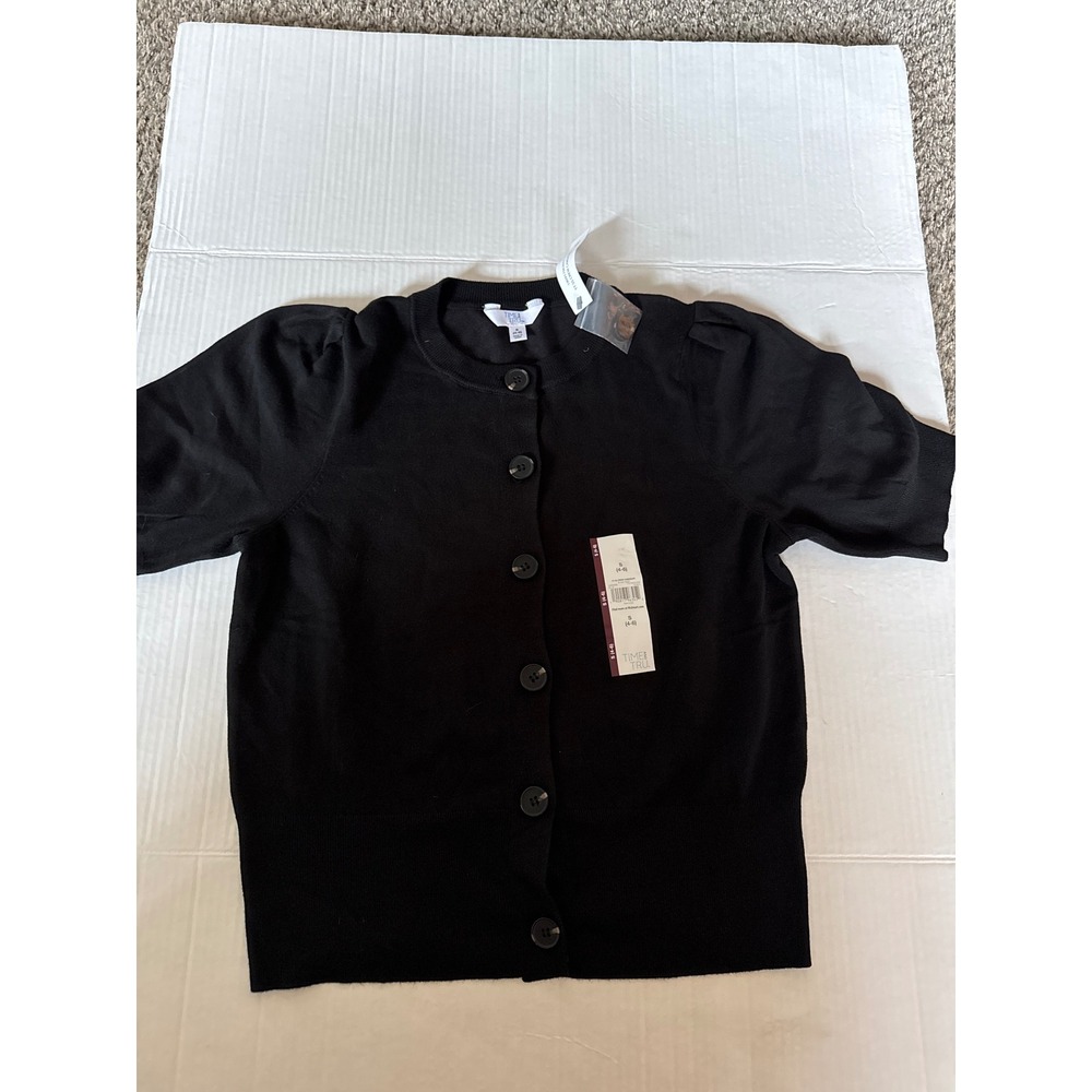 Time and Tru Womens Black Soot Short Sleeve Crew Neck Cardigan Sweater S 4-6 NEW